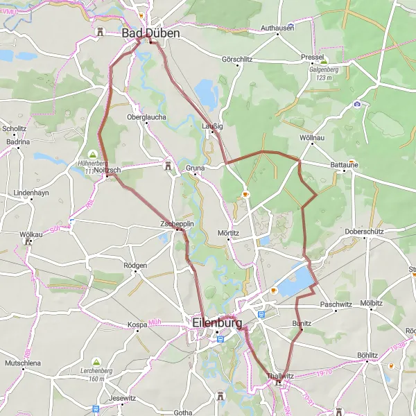 Karten-Miniaturansicht der Radinspiration "Gravel-Abenteuer um Thallwitz" in Leipzig, Germany. Erstellt vom Tarmacs.app-Routenplaner für Radtouren