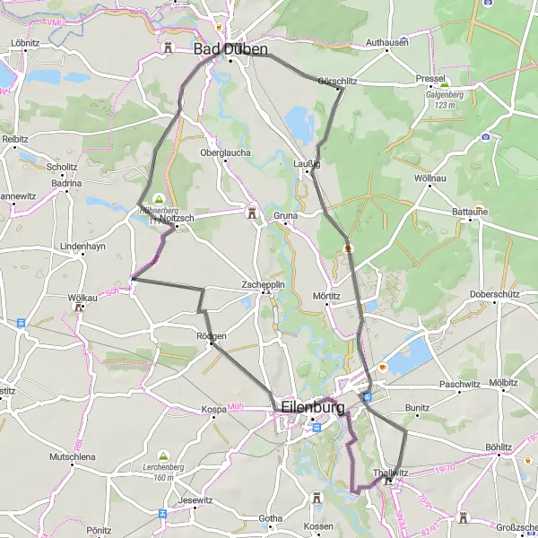 Map miniature of "The Lauchberg Loop" cycling inspiration in Leipzig, Germany. Generated by Tarmacs.app cycling route planner