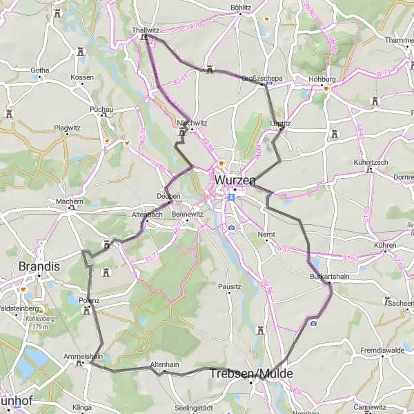 Map miniature of "The Countryside Tour" cycling inspiration in Leipzig, Germany. Generated by Tarmacs.app cycling route planner