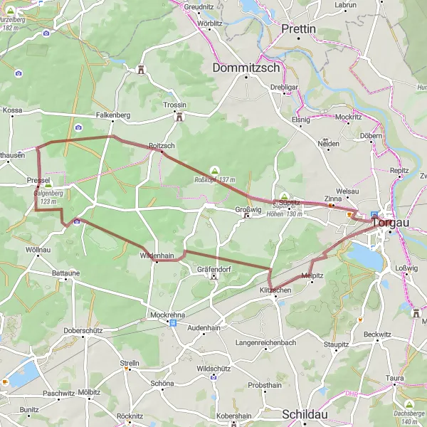 Map miniature of "Gravel Adventure: Torgau to Roitzsch" cycling inspiration in Leipzig, Germany. Generated by Tarmacs.app cycling route planner