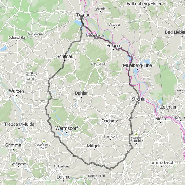 Karten-Miniaturansicht der Radinspiration "Torgau Umgebung Route 5" in Leipzig, Germany. Erstellt vom Tarmacs.app-Routenplaner für Radtouren
