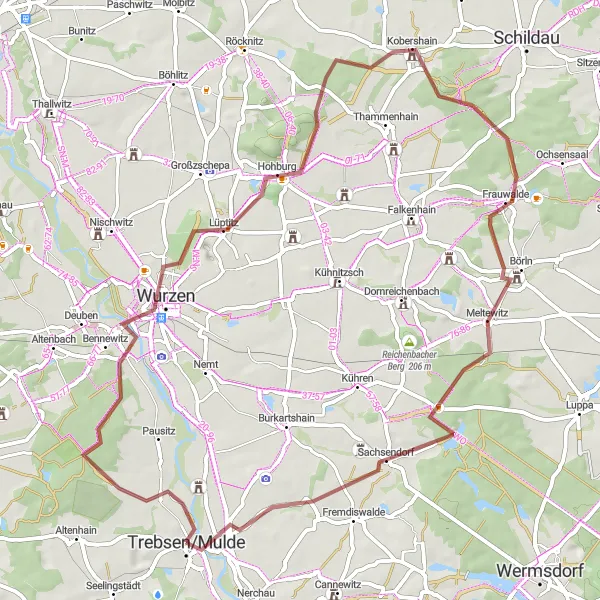 Map miniature of "Trebsen Gravel Adventure" cycling inspiration in Leipzig, Germany. Generated by Tarmacs.app cycling route planner