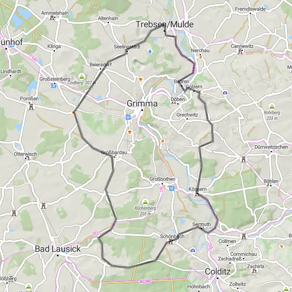 Karten-Miniaturansicht der Radinspiration "Schönbach und Katzenberg entdecken" in Leipzig, Germany. Erstellt vom Tarmacs.app-Routenplaner für Radtouren
