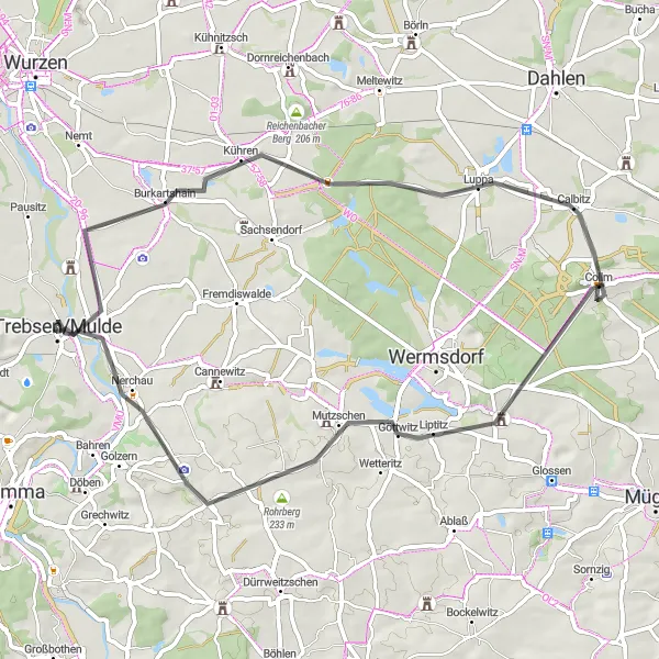Map miniature of "Trebsen Road Tour" cycling inspiration in Leipzig, Germany. Generated by Tarmacs.app cycling route planner