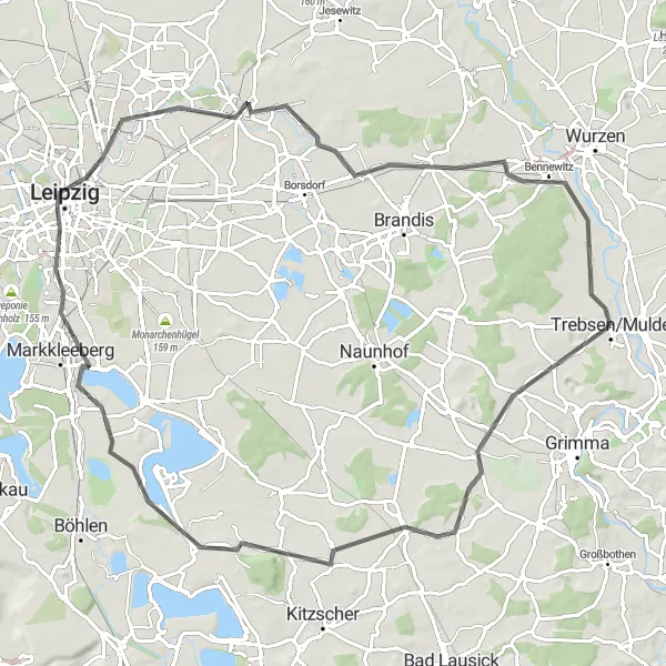 Map miniature of "Trebsen Long Road Tour" cycling inspiration in Leipzig, Germany. Generated by Tarmacs.app cycling route planner