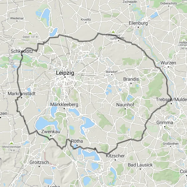 Karten-Miniaturansicht der Radinspiration "Rundfahrt rund um Trebsen" in Leipzig, Germany. Erstellt vom Tarmacs.app-Routenplaner für Radtouren