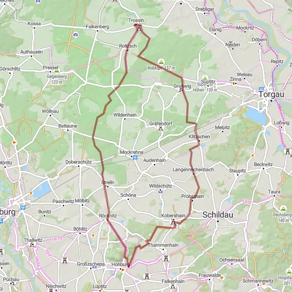 Karten-Miniaturansicht der Radinspiration "Rundweg um Trossin und umliegende Hügel" in Leipzig, Germany. Erstellt vom Tarmacs.app-Routenplaner für Radtouren