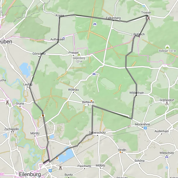 Map miniature of "Wildenhain Circuit" cycling inspiration in Leipzig, Germany. Generated by Tarmacs.app cycling route planner