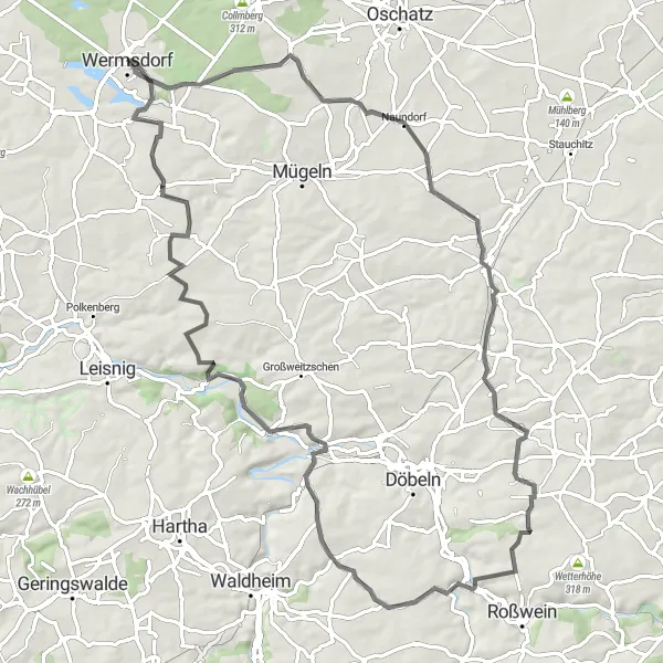 Map miniature of "From Castle to Hill: Wermsdorf to School" cycling inspiration in Leipzig, Germany. Generated by Tarmacs.app cycling route planner