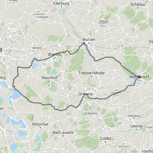 Map miniature of "The Classic Road Adventure: Wermsdorf to Wermsdorf" cycling inspiration in Leipzig, Germany. Generated by Tarmacs.app cycling route planner