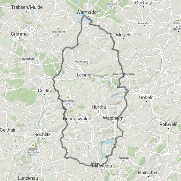 Karten-Miniaturansicht der Radinspiration "Hügelige Landschaften und Aussichtspunkte" in Leipzig, Germany. Erstellt vom Tarmacs.app-Routenplaner für Radtouren