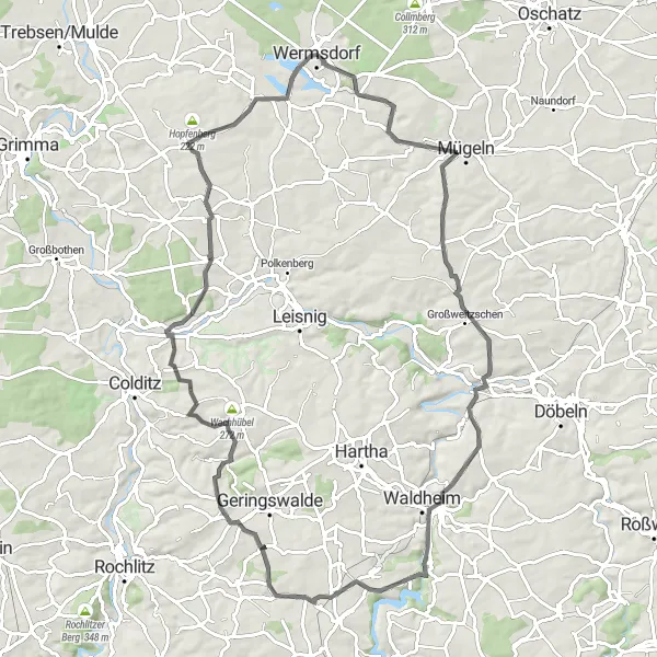 Map miniature of "Road Cycling Adventure to Waldheim" cycling inspiration in Leipzig, Germany. Generated by Tarmacs.app cycling route planner