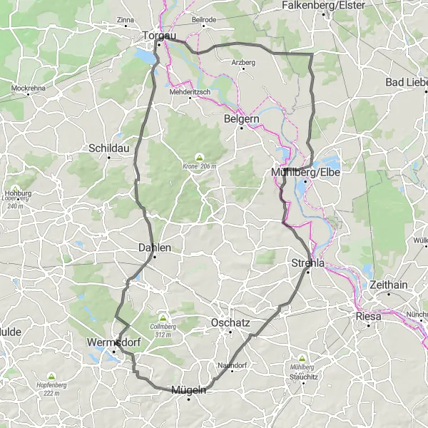 Map miniature of "Discovering Dahlen by Road" cycling inspiration in Leipzig, Germany. Generated by Tarmacs.app cycling route planner