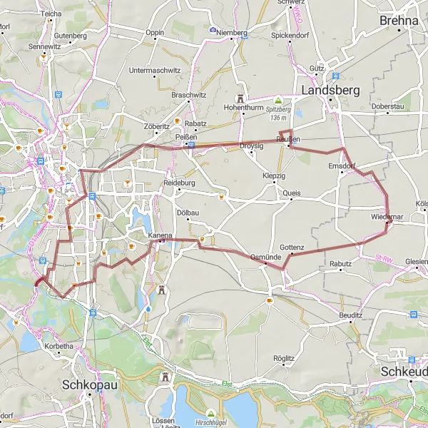 Map miniature of "Off-road Excursion to Halle (Saale)" cycling inspiration in Leipzig, Germany. Generated by Tarmacs.app cycling route planner