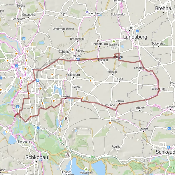 Karten-Miniaturansicht der Radinspiration "Graveltour von Wiedemar nach Sietzsch" in Leipzig, Germany. Erstellt vom Tarmacs.app-Routenplaner für Radtouren