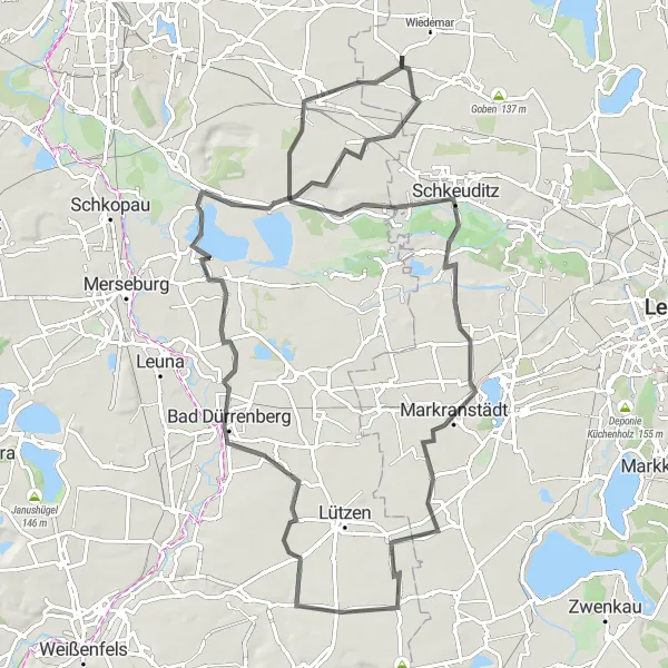 Map miniature of "Leipzig to Bad Dürrenberg Road Bike Tour" cycling inspiration in Leipzig, Germany. Generated by Tarmacs.app cycling route planner