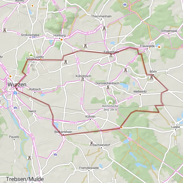 Map miniature of "Gravel Adventure" cycling inspiration in Leipzig, Germany. Generated by Tarmacs.app cycling route planner