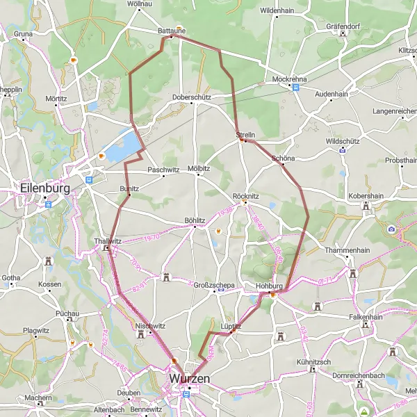 Map miniature of "Thallwitz and Hohburg Gravel Adventure" cycling inspiration in Leipzig, Germany. Generated by Tarmacs.app cycling route planner