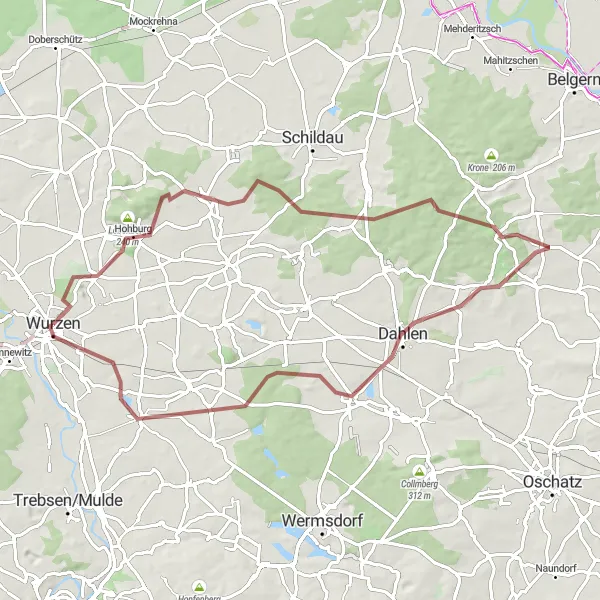 Map miniature of "Scenic Gravel Route" cycling inspiration in Leipzig, Germany. Generated by Tarmacs.app cycling route planner