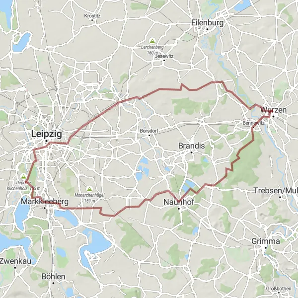 Map miniature of "Wurzen - Ringelnatzhaus Loop" cycling inspiration in Leipzig, Germany. Generated by Tarmacs.app cycling route planner