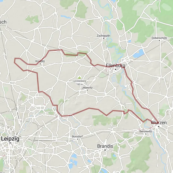 Map miniature of "Wurzen Loop" cycling inspiration in Leipzig, Germany. Generated by Tarmacs.app cycling route planner