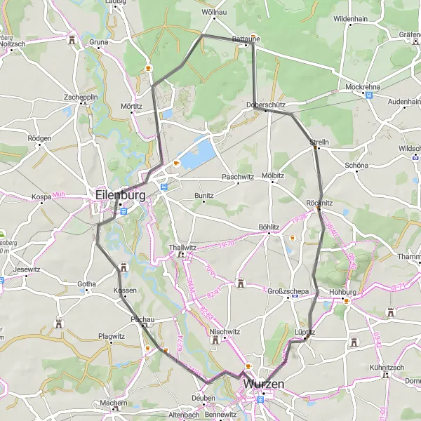 Karten-Miniaturansicht der Radinspiration "Rundweg von Wurzen nach Püchau und Kleinzschepa" in Leipzig, Germany. Erstellt vom Tarmacs.app-Routenplaner für Radtouren