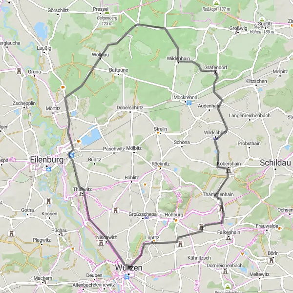 Karten-Miniaturansicht der Radinspiration "Durch Thallwitz und Wöllnau" in Leipzig, Germany. Erstellt vom Tarmacs.app-Routenplaner für Radtouren