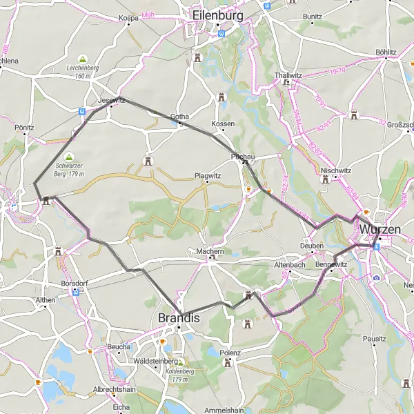 Map miniature of "Wurzen Eichberg Route" cycling inspiration in Leipzig, Germany. Generated by Tarmacs.app cycling route planner