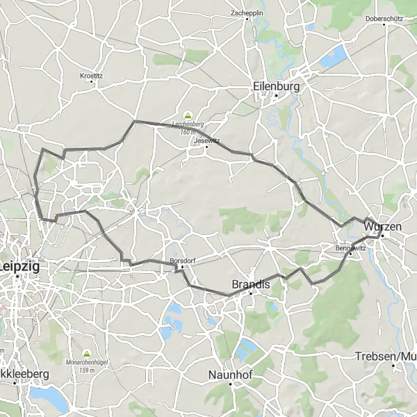 Map miniature of "Brandis Borsdorf Route" cycling inspiration in Leipzig, Germany. Generated by Tarmacs.app cycling route planner