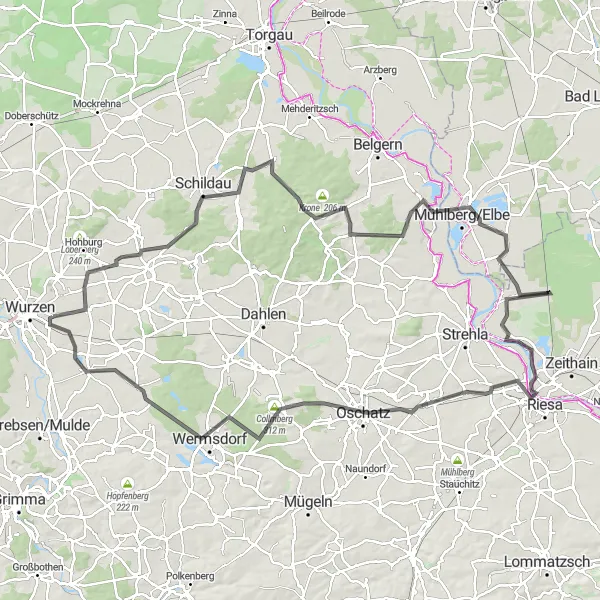 Map miniature of "Schildau Fichtenberg Route" cycling inspiration in Leipzig, Germany. Generated by Tarmacs.app cycling route planner