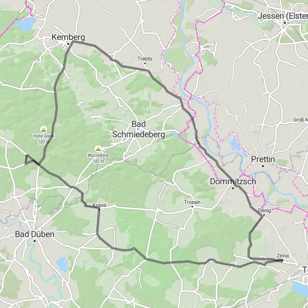 Map miniature of "Kemberg Loop and Beyond" cycling inspiration in Leipzig, Germany. Generated by Tarmacs.app cycling route planner