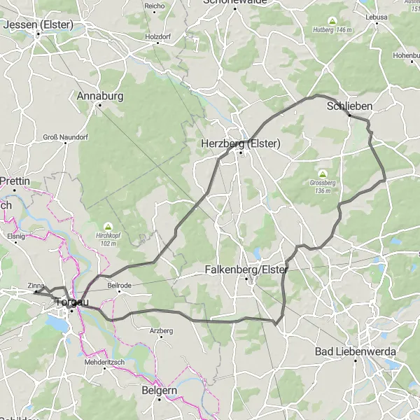 Map miniature of "Leipzig to Torgau Loop" cycling inspiration in Leipzig, Germany. Generated by Tarmacs.app cycling route planner