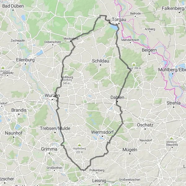 Map miniature of "Leipzig to Nerchau Circuit" cycling inspiration in Leipzig, Germany. Generated by Tarmacs.app cycling route planner