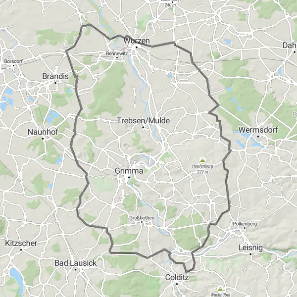 Karten-Miniaturansicht der Radinspiration "Hügelige Straßen um Zschadrass" in Leipzig, Germany. Erstellt vom Tarmacs.app-Routenplaner für Radtouren