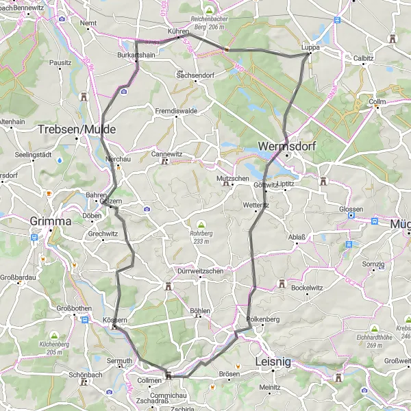 Karten-Miniaturansicht der Radinspiration "Der Maaschwitz Panoramakurs" in Leipzig, Germany. Erstellt vom Tarmacs.app-Routenplaner für Radtouren