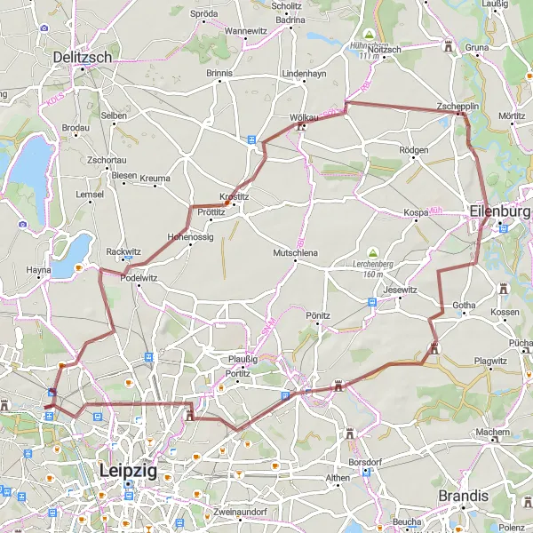 Map miniature of "Rural Heritage Exploration" cycling inspiration in Leipzig, Germany. Generated by Tarmacs.app cycling route planner