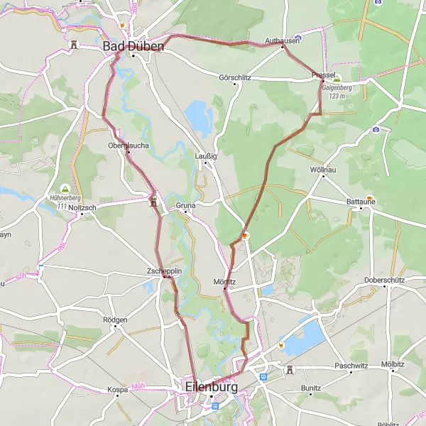 Map miniature of "Bicycle Adventure to Bad Düben" cycling inspiration in Leipzig, Germany. Generated by Tarmacs.app cycling route planner