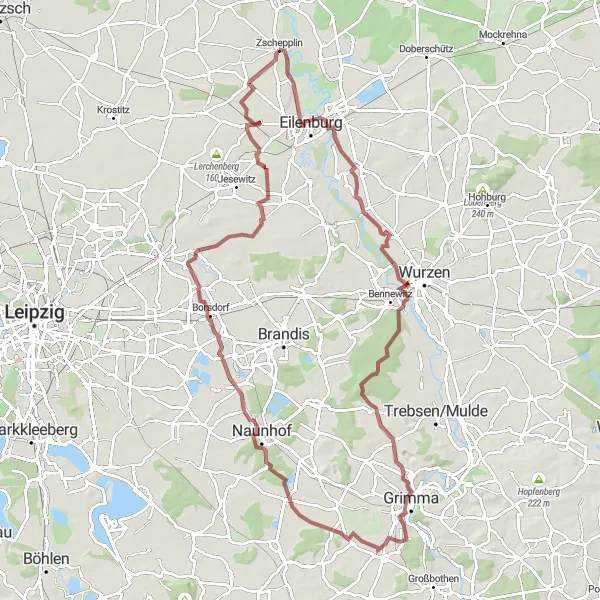 Map miniature of "Zschepplin Gravel Adventure" cycling inspiration in Leipzig, Germany. Generated by Tarmacs.app cycling route planner