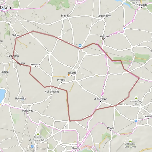 Map miniature of "Selben and Steinberg Gravel Route" cycling inspiration in Leipzig, Germany. Generated by Tarmacs.app cycling route planner