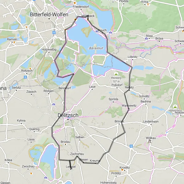 Map miniature of "The Delitzsch Dash" cycling inspiration in Leipzig, Germany. Generated by Tarmacs.app cycling route planner