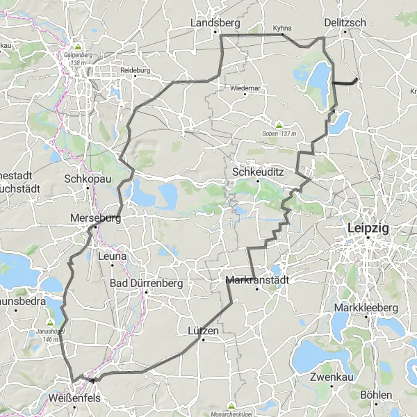 Map miniature of "Leipzig Countryside Loop" cycling inspiration in Leipzig, Germany. Generated by Tarmacs.app cycling route planner