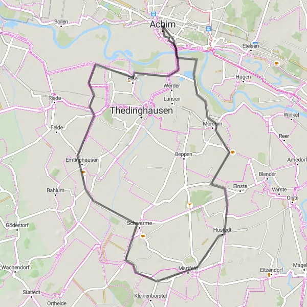 Karten-Miniaturansicht der Radinspiration "Rund um Achim und Martfeld" in Lüneburg, Germany. Erstellt vom Tarmacs.app-Routenplaner für Radtouren