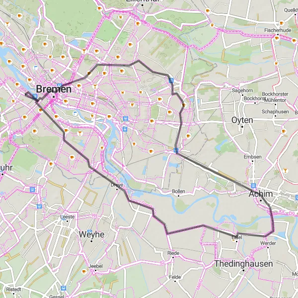 Map miniature of "Achim Road Cycling Experience" cycling inspiration in Lüneburg, Germany. Generated by Tarmacs.app cycling route planner