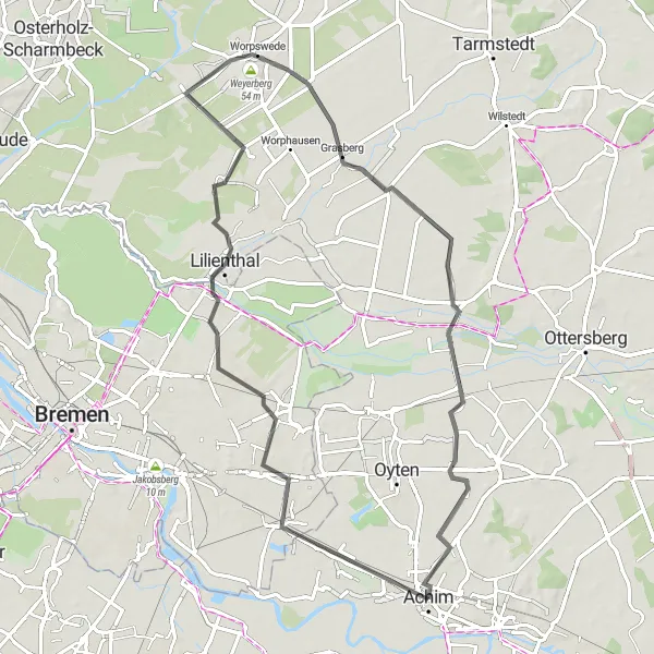 Map miniature of "The Achim Road Adventure" cycling inspiration in Lüneburg, Germany. Generated by Tarmacs.app cycling route planner