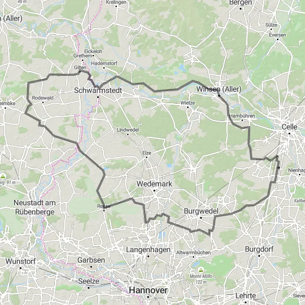 Map miniature of "Adelheidsdorf to Schwarmstedt Road Cycling Route" cycling inspiration in Lüneburg, Germany. Generated by Tarmacs.app cycling route planner