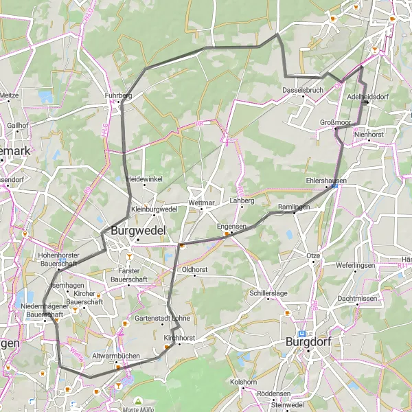 Map miniature of "Adelheidsdorf to Fuhrberg Road Cycling Route" cycling inspiration in Lüneburg, Germany. Generated by Tarmacs.app cycling route planner