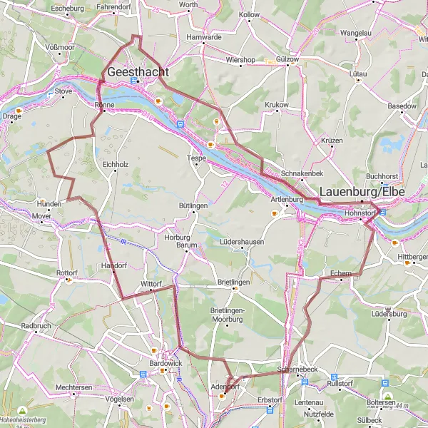 Map miniature of "Elbe Loop Gravel Ride" cycling inspiration in Lüneburg, Germany. Generated by Tarmacs.app cycling route planner