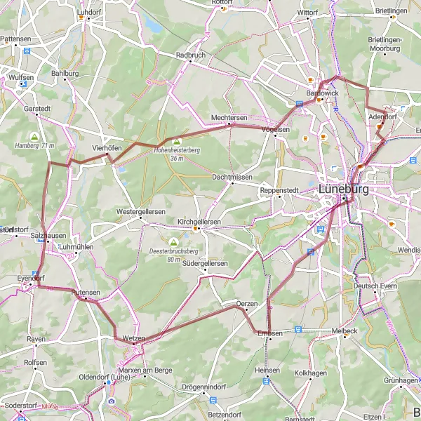 Map miniature of "Lüneburger Heide Gravel Adventure" cycling inspiration in Lüneburg, Germany. Generated by Tarmacs.app cycling route planner