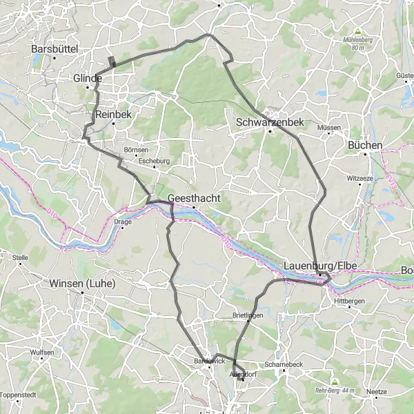 Map miniature of "Handorf to Schwarzenbek Adventure" cycling inspiration in Lüneburg, Germany. Generated by Tarmacs.app cycling route planner