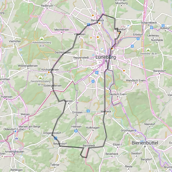 Map miniature of "The Melbeck Circuit" cycling inspiration in Lüneburg, Germany. Generated by Tarmacs.app cycling route planner